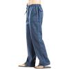 JEsilunmaMY Men's Linen Lounge Pants Elastic Waist Drawstring Pocket Slacks Solid Color Casual Loose Straight Leg Trousers (Blue,Large) view 3