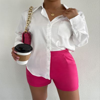 AMDMG Shorts for Women Shorts Women's Shorts Fold Pleated Straight Leg Shorts Shorts (Color : Hot Pink, Size : Large)