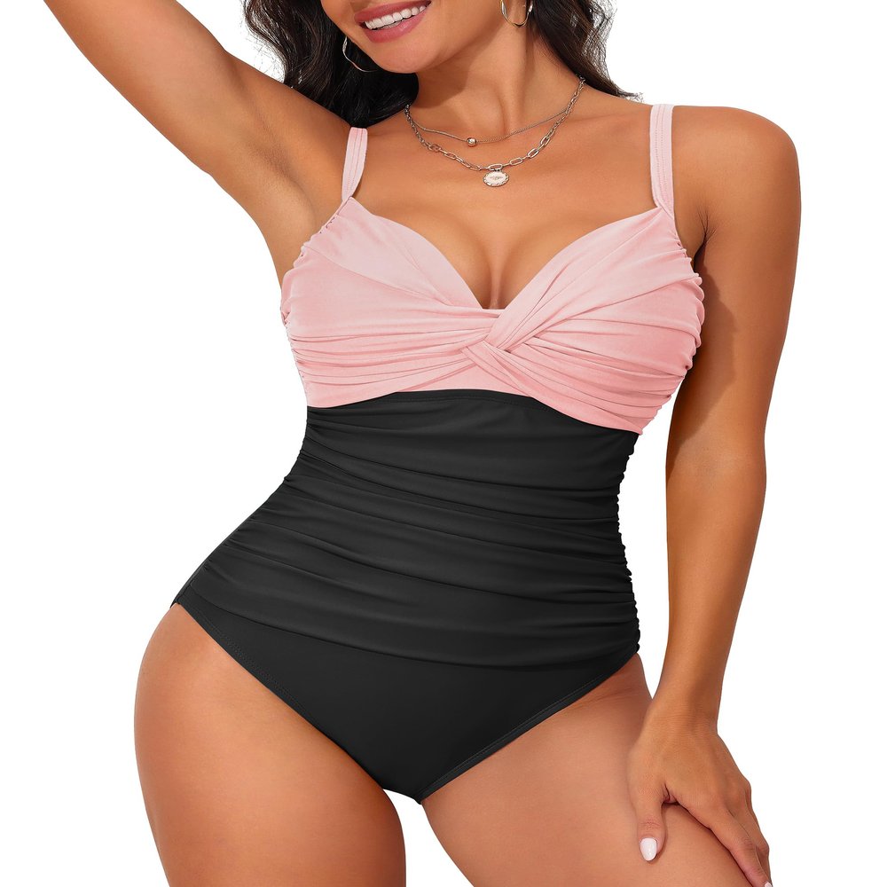 Hilor Women's Underwire One Piece Swimsuit Ruched Tummy Control Bathing Suits Twist Front Swimwear Pink&Black 18