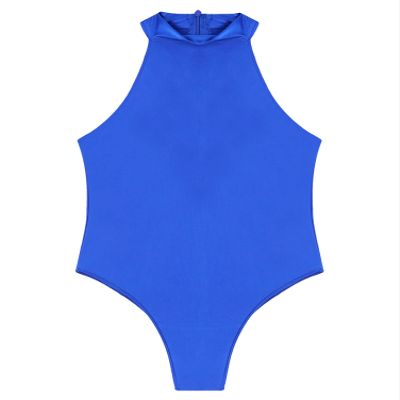 CHICTRY Men Oil Glossy High Cut Bodysuit Sleeveless Zipper Back Gymnastic Dance Leotard Swimsuit Blue X-Large