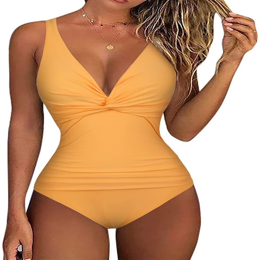 Hilor Women's One Piece Swimsuit Tummy Control Monokini Swimwear V Neck Bathing Suits Warm Apricot 10