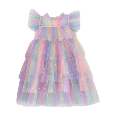 Toddler Girls Fly Sleeve Rainbow Star Sequins Prints Tulle Princess Dress Dance Party Dresses Clothes (Pink, 2-3 Years)