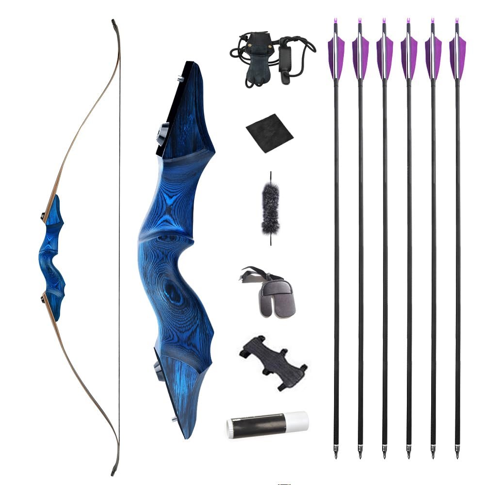 60 Inch Black Hunter Original Takedown Recurve Bow and Arrow Set 20-60lbs Traditional Wood Longbow Right and Left Handed American Hunting Longbow (25 Lbs, Diamond Blue Set/Right Handed)