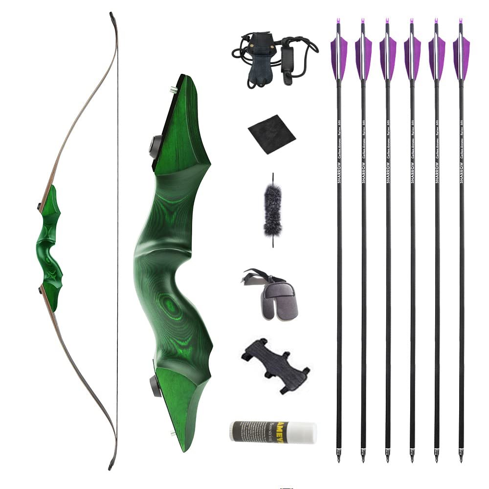 60 Inch Black Hunter Original Takedown Recurve Bow and Arrow Set 20-60lbs Traditional Wood Longbow Right and Left Handed American Hunting Longbow (50 Lbs, Green Set/Right Handed)