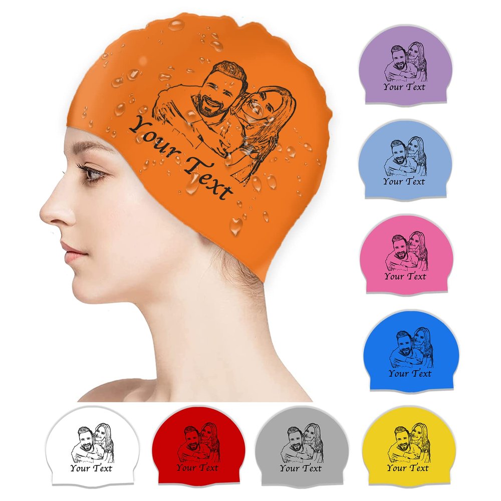 Custom Swim Cap with Photo Personalized Silicone Swim Cap for Men and Women Swimming Customized Swimmers Cap for Short and Medium Length Hair
