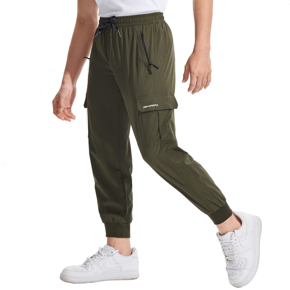 DEVOROPA Boys Joggers Lightweight Hiking Cargo Pants Water Resistant UPF 50+ Quick Dry Youth Kids Athletic Running Pants Green M