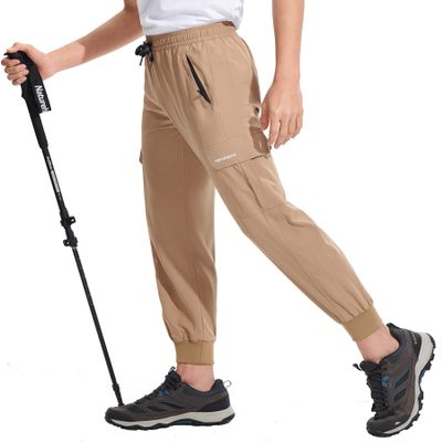 DEVOROPA Boys Joggers Lightweight Hiking Cargo Pants Water Resistant UPF 50+ Quick Dry Youth Kids Athletic Running Pants Khaki XL