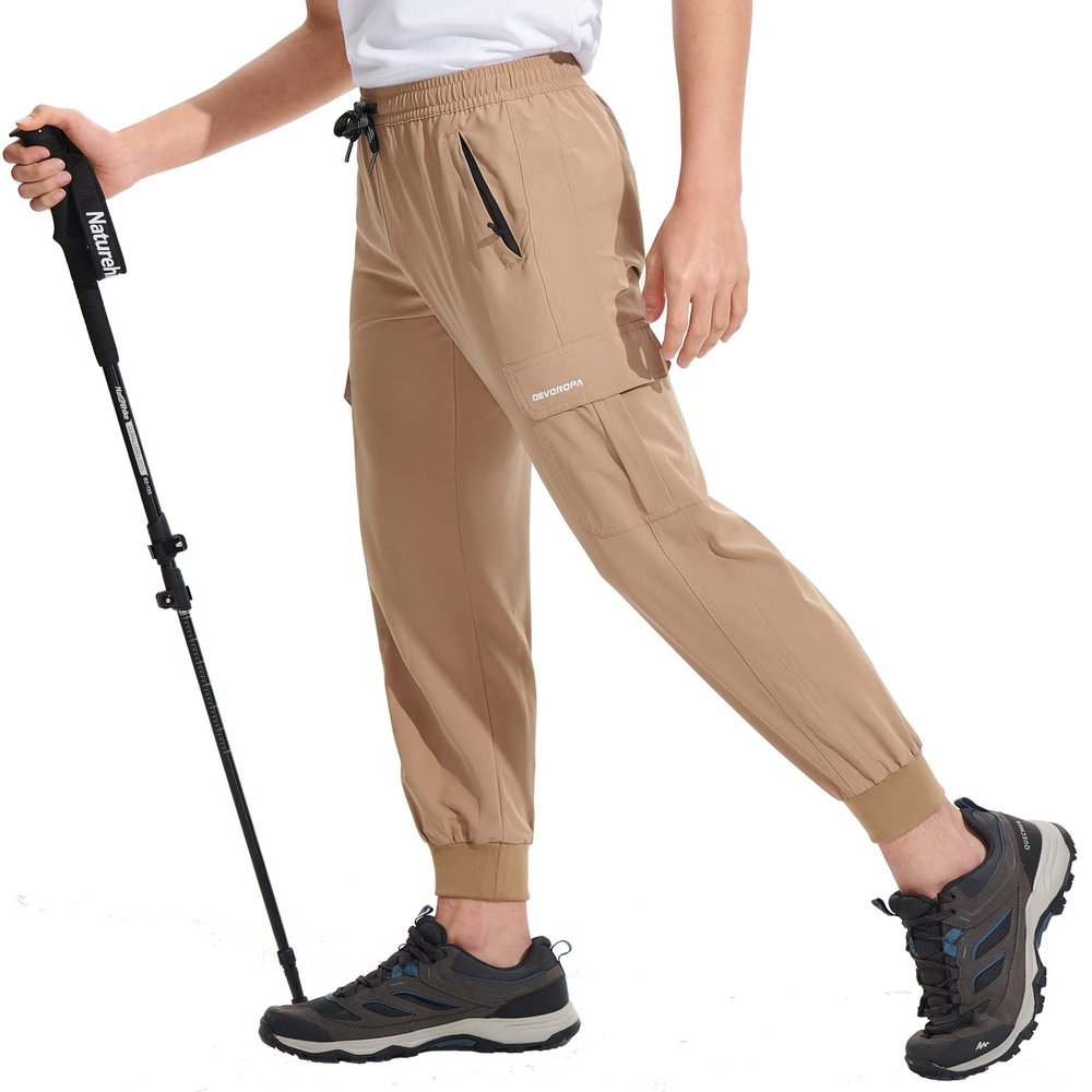 DEVOROPA Boys Joggers Lightweight Hiking Cargo Pants Water Resistant UPF 50+ Quick Dry Youth Kids Athletic Running Pants Khaki XL