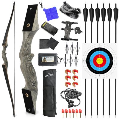 Takedown Wooden Recurve Bow 60inch for Adults Hunting Target 20Lbs-60Lbs Longbow Right Hand Bow (25Lbs, Grey)