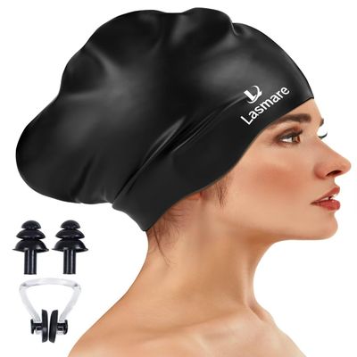 Large Long Hair Swim Cap with Extra Room for Women Men, Silicone Swimming Cap for Long Thick Hair with Ear Plugs Nose Clip Set, Adult Waterproof Swim Hats Bathing Caps to Keep Hair Dry(Black)