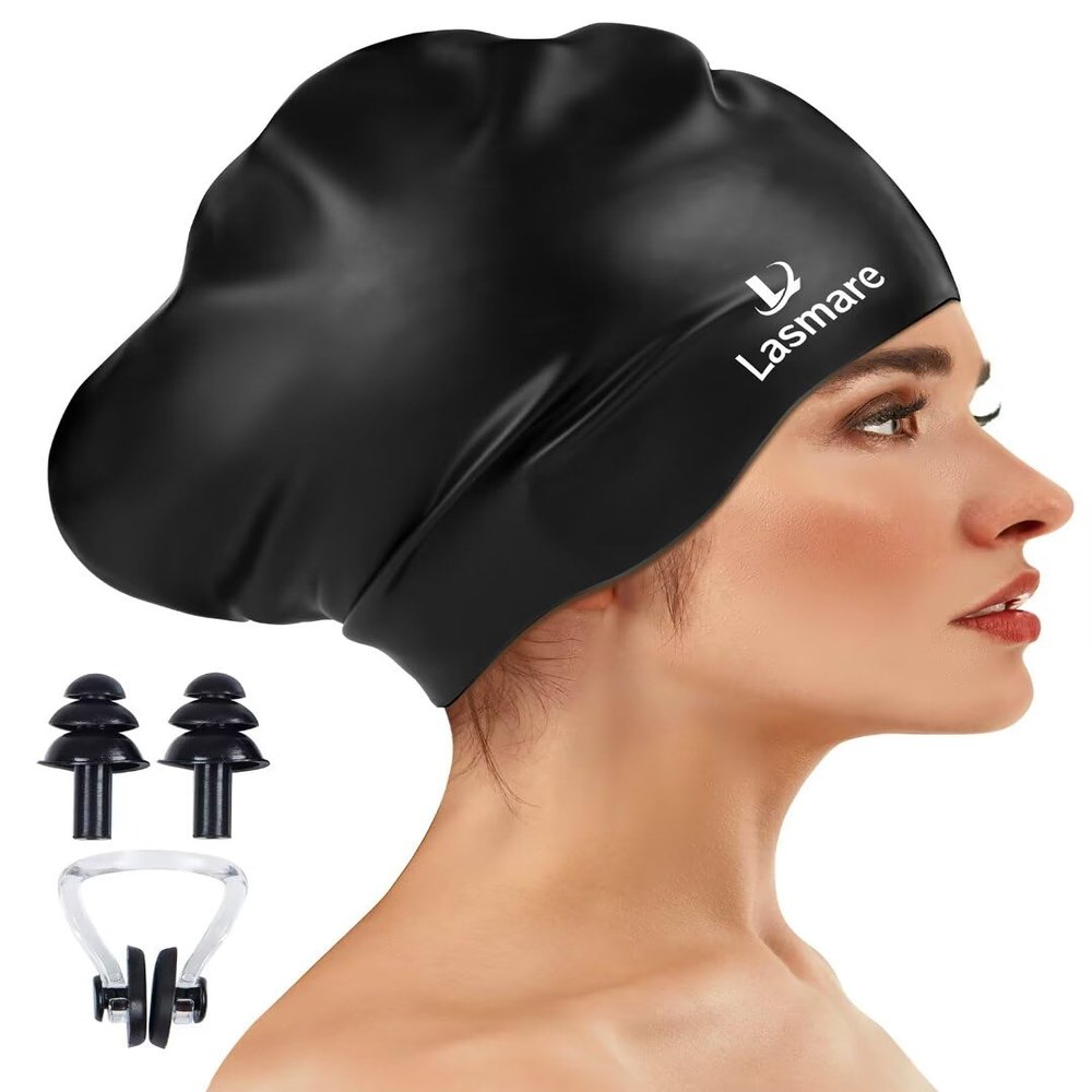 Large Long Hair Swim Cap with Extra Room for Women Men, Silicone Swimming Cap for Long Thick Hair with Ear Plugs Nose Clip Set, Adult Waterproof Swim Hats Bathing Caps to Keep Hair Dry(Black)