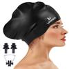 Large Long Hair Swim Cap with Extra Room for Women Men, Silicone Swimming Cap for Long Thick Hair with Ear Plugs Nose Clip Set, Adult Waterproof Swim Hats Bathing Caps to Keep Hair Dry(Black) view 1