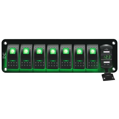 FXC 12V 24V DC 7 Gang Rocker Switch Aluminum Panel with Voltmeter & Dual USB(4.8 A) Fast Charging, Green Backlit Led, Pre-Wired Waterproof for Marine, Boat, Car, Truck, Polaris, Jeep (Green)
