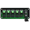 FXC 12V 24V DC 5 Gang Rocker Switch Aluminum Panel with Voltmeter & Dual USB(4.8 A) Fast Charging, Green Backlit Led, Pre-Wired Waterproof for Marine, Boat, Car, Truck, Polaris, Jeep (Green) view 1