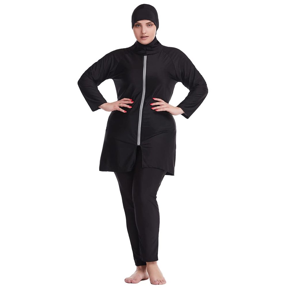 Muslim Swimsuits for Women, Swimdress Islamic Arabic Swimwear Burkini Full Cover Hijab Top Pants Swimming Cap Full Coverage Long Sleeves Bathing Suits Swim Capris Clothes Set Black White 3XL