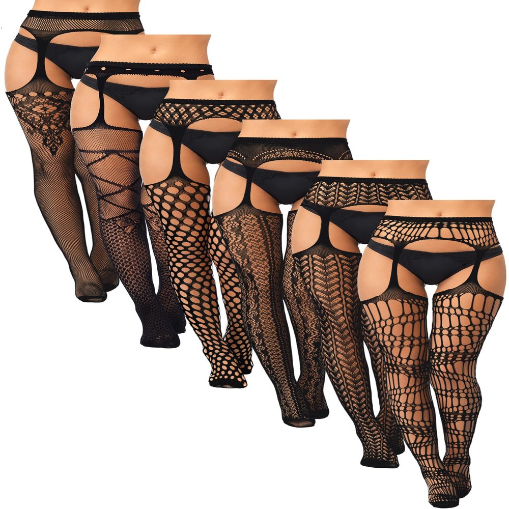 Skylety 6 Pairs Fishnet Stockings for Women Plus Size Thigh-high Tights Stockings Suspender Pantyhose Garter Belts(X-Large-xx-large,Elegant Black)