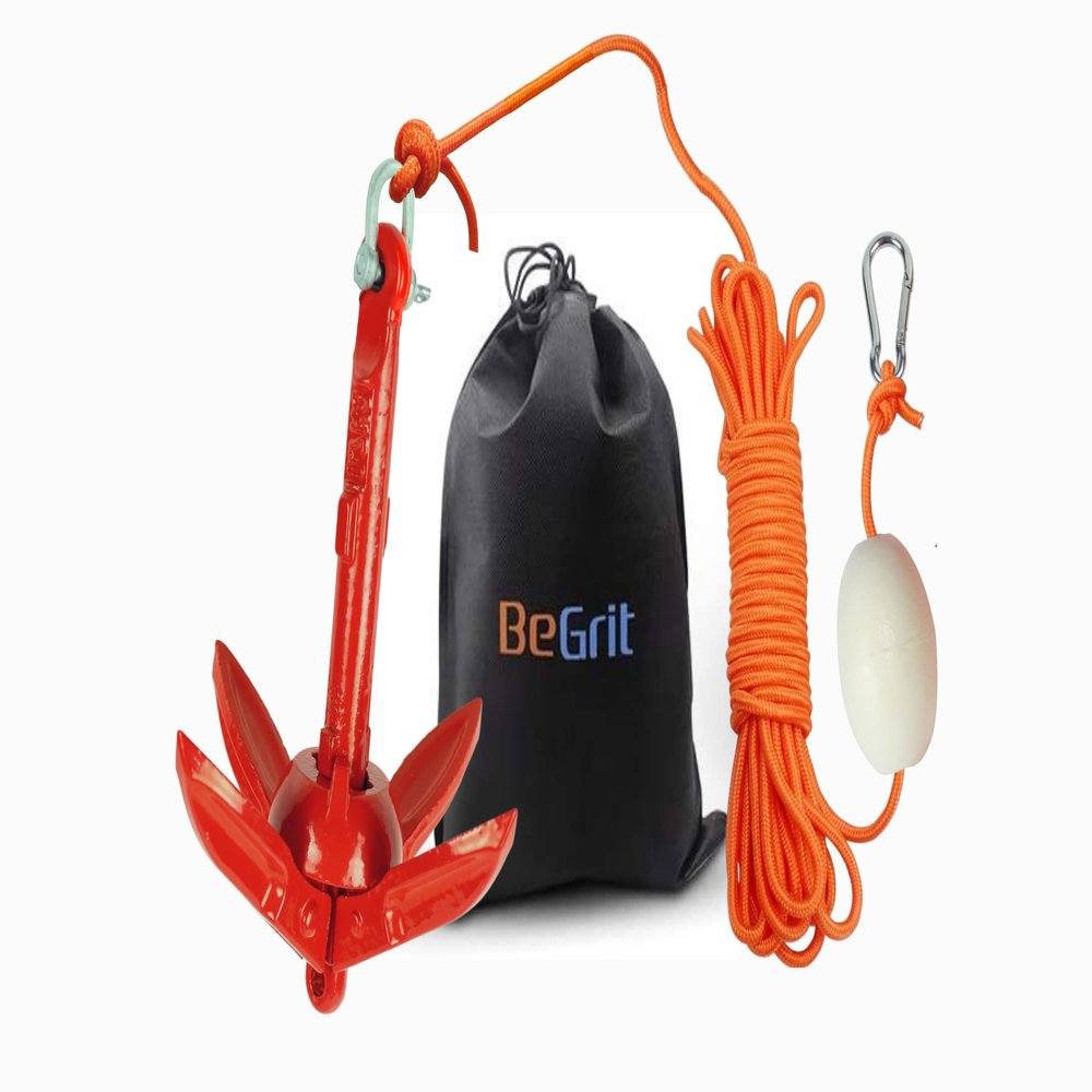 BeGrit Kayak Anchor 1.5lb Small Boat Anchor Folding Marine Anchor for Fishing,Kayak,Paddle Board,Canoe,Jet Ski, with 32.8 ft Anchor Tow Rope Carrying Bag (Red)