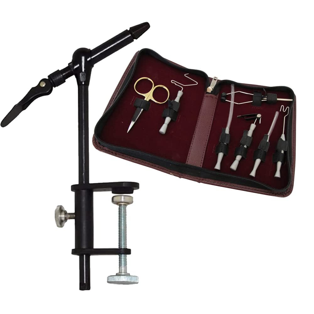 Pro Fly Tying Vise with Bobbin Finisher Scissors Vise Hackle Hair Stacker Fly Fishing Tying Tools Set Soft Grip Leather Tool Kit (2009+Z116 AZ009)