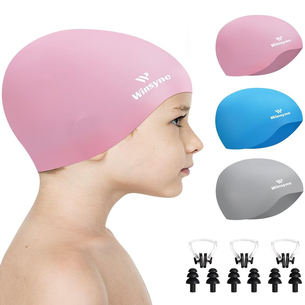 3 Pack Kids Swim Cap for Boys Girls, Unisex Silicone Swimming Caps for 3-15 Toddler Children Teen, Waterproof Bathing Caps for Short/Long Hair to Keep Hair Dry-10