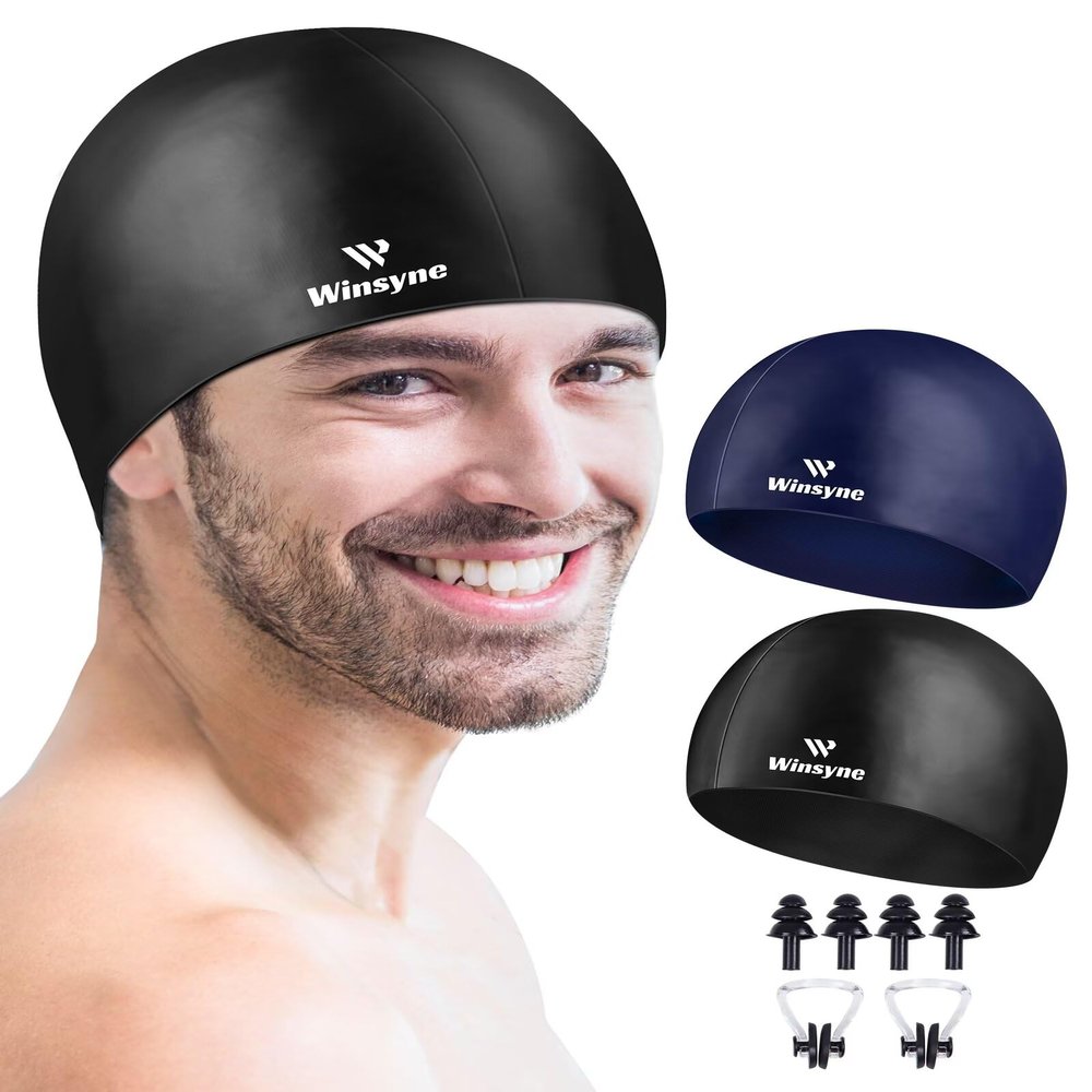 2 Pack Silicone Swim Cap for Men Women, Unisex Adult Swimming Caps for Short/Long Hair to Keep Hair Dry, Waterproof Bathing Caps for Swimming with Ear Plugs & Nose Clip Set(Black&Navy)