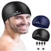 2 Pack Silicone Swim Cap for Men Women, Unisex Adult Swimming Caps for Short/Long Hair to Keep Hair Dry, Waterproof Bathing Caps for Swimming with Ear Plugs & Nose Clip Set(Black&Navy) view 1