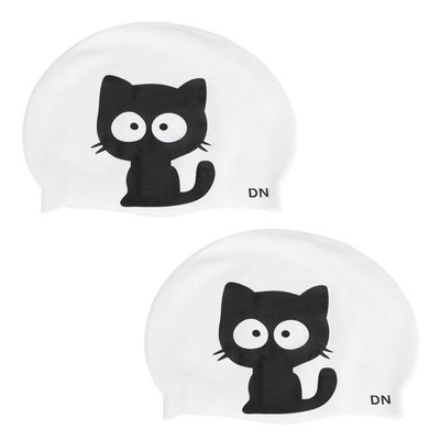 Silicone Swim Hat, 2Pcs Cartoon Pattern Swimming Hat Waterproof Comfy Bathing Hats for Men Women Teens Long Short Hair(Cat)