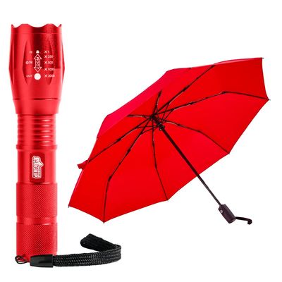Gorilla Grip Handheld Flashlight and Travel Umbrella, LED Tactical Flashlight 750 FT Zoom, Lightweight Umbrella Teflon Coated, Both in Red, 2 Item Bundle