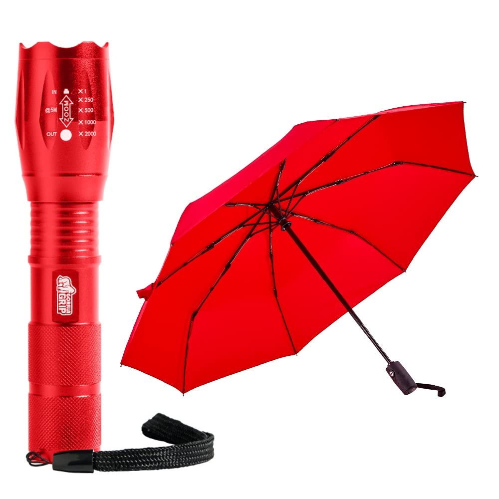 Gorilla Grip Handheld Flashlight and Travel Umbrella, LED Tactical Flashlight 750 FT Zoom, Lightweight Umbrella Teflon Coated, Both in Red, 2 Item Bundle