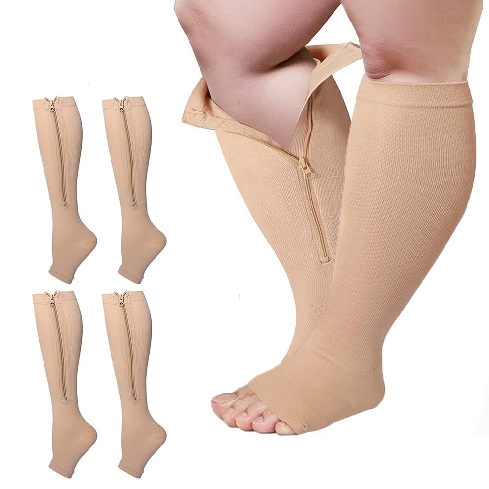 2 Pairs Wide Calf Plus Size Compression Socks with Zipper, 15-20mmHg Socks for Women Men,Reduces Swelling & Pain Nurses Running Pregnant Travel Flight (4XL, skin)