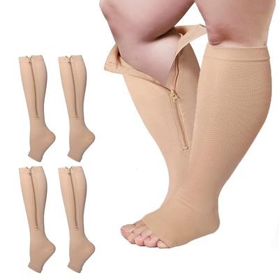 2 Pairs Wide Calf Plus Size Compression Socks with Zipper, 15-20mmHg Socks for Women Men,Reduces Swelling & Pain Nurses Running Pregnant Travel Flight (3XL, skin)