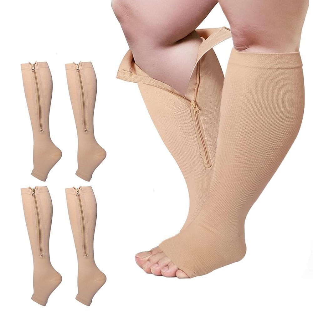 2 Pairs Wide Calf Plus Size Compression Socks with Zipper, 15-20mmHg Socks for Women Men,Reduces Swelling & Pain Nurses Running Pregnant Travel Flight (3XL, skin)
