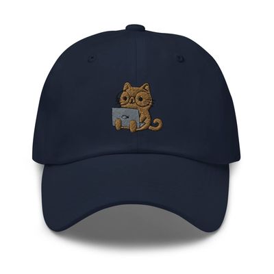Kawaii cat hat, cat Working, Nerd cat hat, Embroidered Unisex Baseball hat, Funny cat mom dad hat. Navy