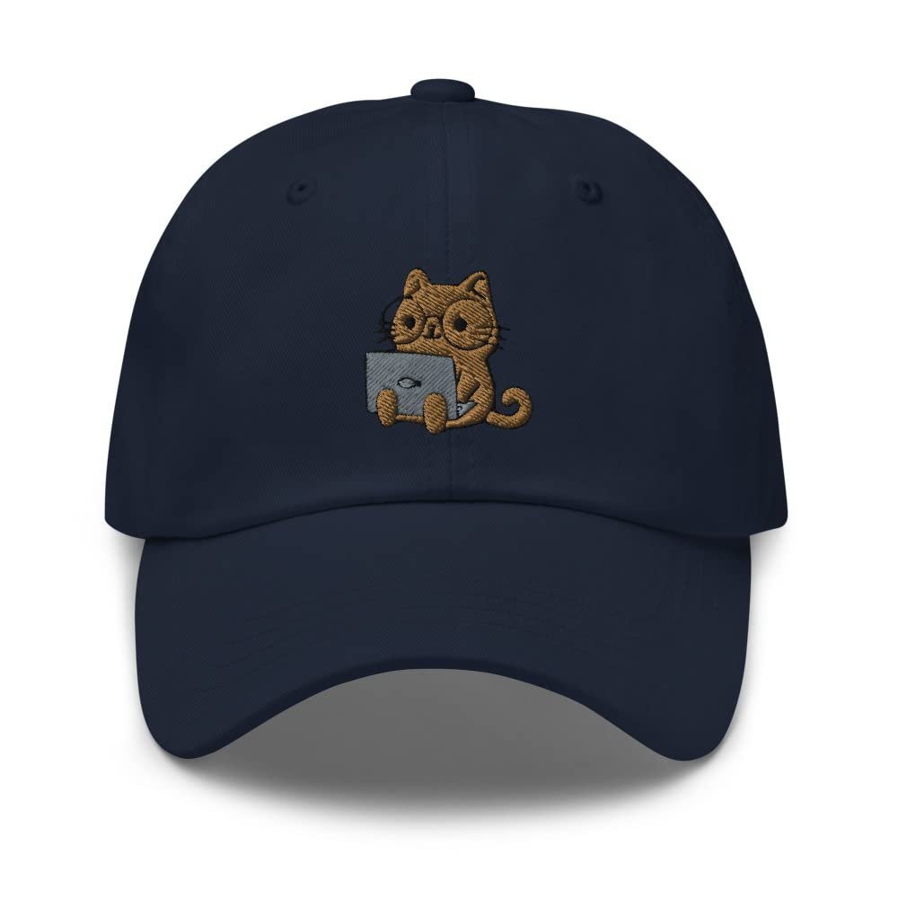 Kawaii cat hat, cat Working, Nerd cat hat, Embroidered Unisex Baseball hat, Funny cat mom dad hat. Navy