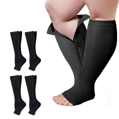 2 Pairs Wide Calf Plus Size Compression Socks with Zipper, 15-20mmHg Socks for Women Men,Reduces Swelling & Pain Nurses Running Pregnant Travel Flight (3XL, black)