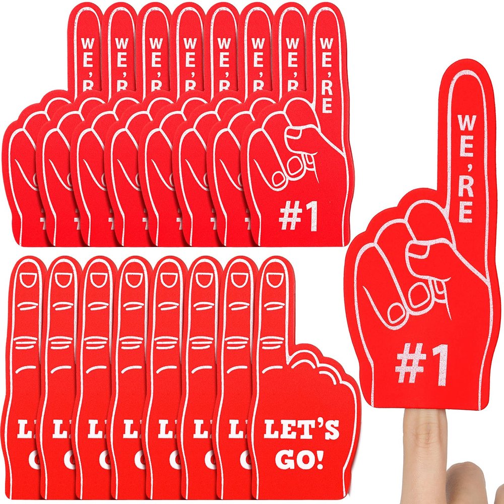 Sinmoe 48 Pieces Sport Party Favors Fan Foam Finger Mini #1 Basketball Baseball Football Soccer Team Cheerleader Gifts for Sporting Events Games Birthday Supplies(Red)