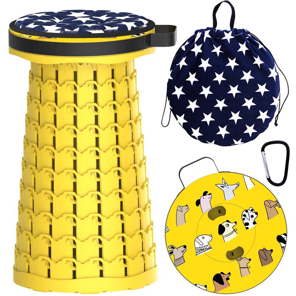 ALEVMOOM Upgraded Telescoping Collapsible Stool with Cushion, Folding Stool with Printing Portable Retractable Foldable Seat Max Load 550lbs for Adults Camping Fishing Outdoor