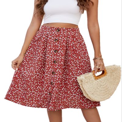 Naggoo Womens Daisy Print Skirt A-Line High Waist Casual Midi Skirts Red Floral XL