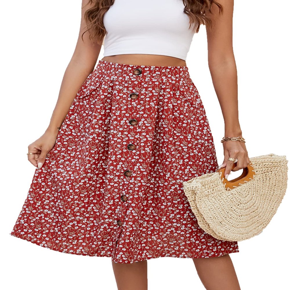 Naggoo Womens Daisy Print Skirt A-Line High Waist Casual Midi Skirts Red Floral XL