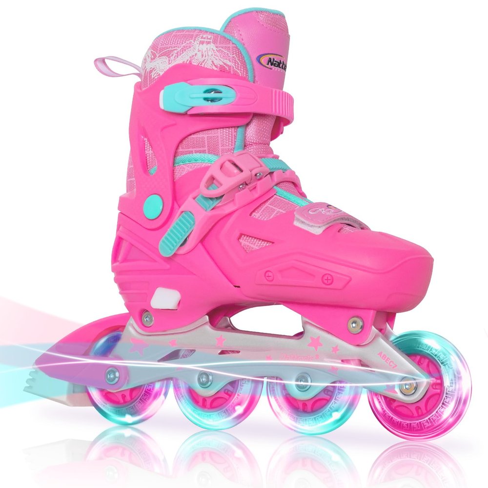 Nattork Inline Skates for Girls and Boys Kids, 4 Sizes Adjustable Inline Skates with Light up Wheels, Illuminating Beginner Roller Skates for Kids & Adult Youth Teal Age 10-12 Size 5 6 7 8