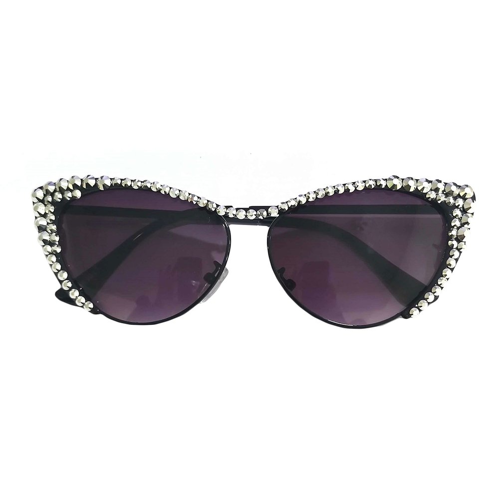 willochra Small frame cat eye Crystal Frame Shiny Diamond Sunglasses For Women Vintage Rhinestone party Sun Glasses (black)