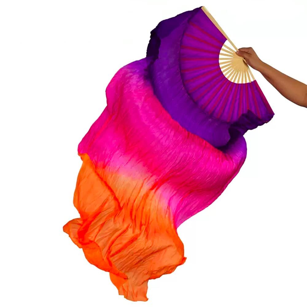 TMZAQH Women 1 Piece Right Hand Real Silk Long Belly Dance Fan Veils 150 * 90 cm (Rose orange)