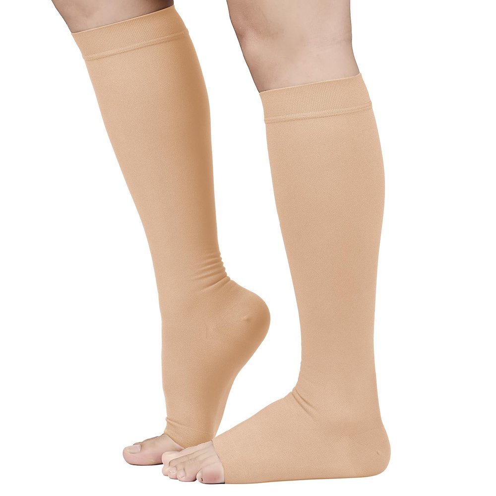 TOFLY 30-40mmHg Medical Graduated Compression Socks for Men & Women, Open Toe Knee High Compression Socks,Firm Support for Circulation Recovery,Shin Splints,Varicose Veins,Edema,Nursing, Beige XXL