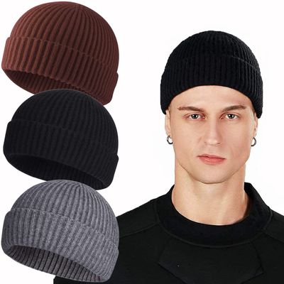 ROYBENS Swag Wool Knit Cuff Short Fisherman Beanie for Men Women, Winter Warm Hats, 3PCS