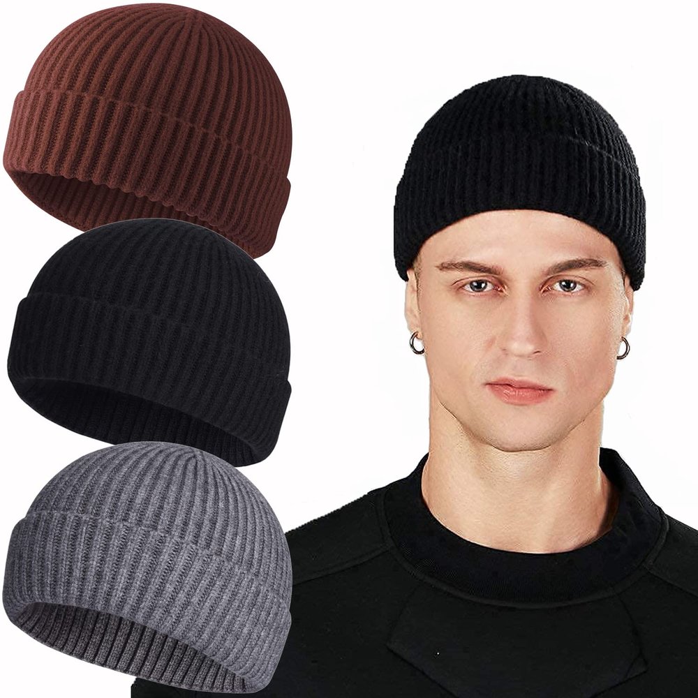 ROYBENS Swag Wool Knit Cuff Short Fisherman Beanie for Men Women, Winter Warm Hats, 3PCS