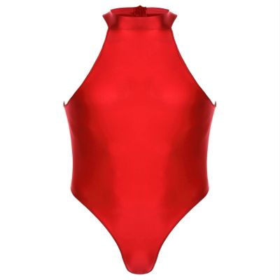 ACSUSS Mens Stretchy Bodysuit Shiny Glossy Sleeveless High Cut Leotard Thong Undershirt Shapewear Burgundy X-Large