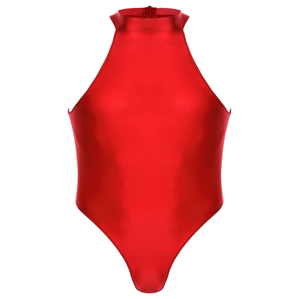 ACSUSS Mens Stretchy Bodysuit Shiny Glossy Sleeveless High Cut Leotard Thong Undershirt Shapewear Burgundy X-Large