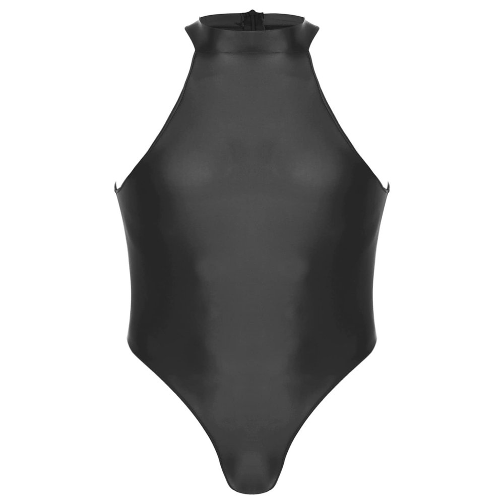 ACSUSS Mens Stretchy Bodysuit Shiny Glossy Sleeveless High Cut Leotard Thong Undershirt Shapewear Black X-Large