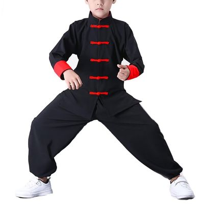 Kung Fu Suit for Unisex Kids Long Sleeve Black Martial Arts Taichi Traditional Uniform