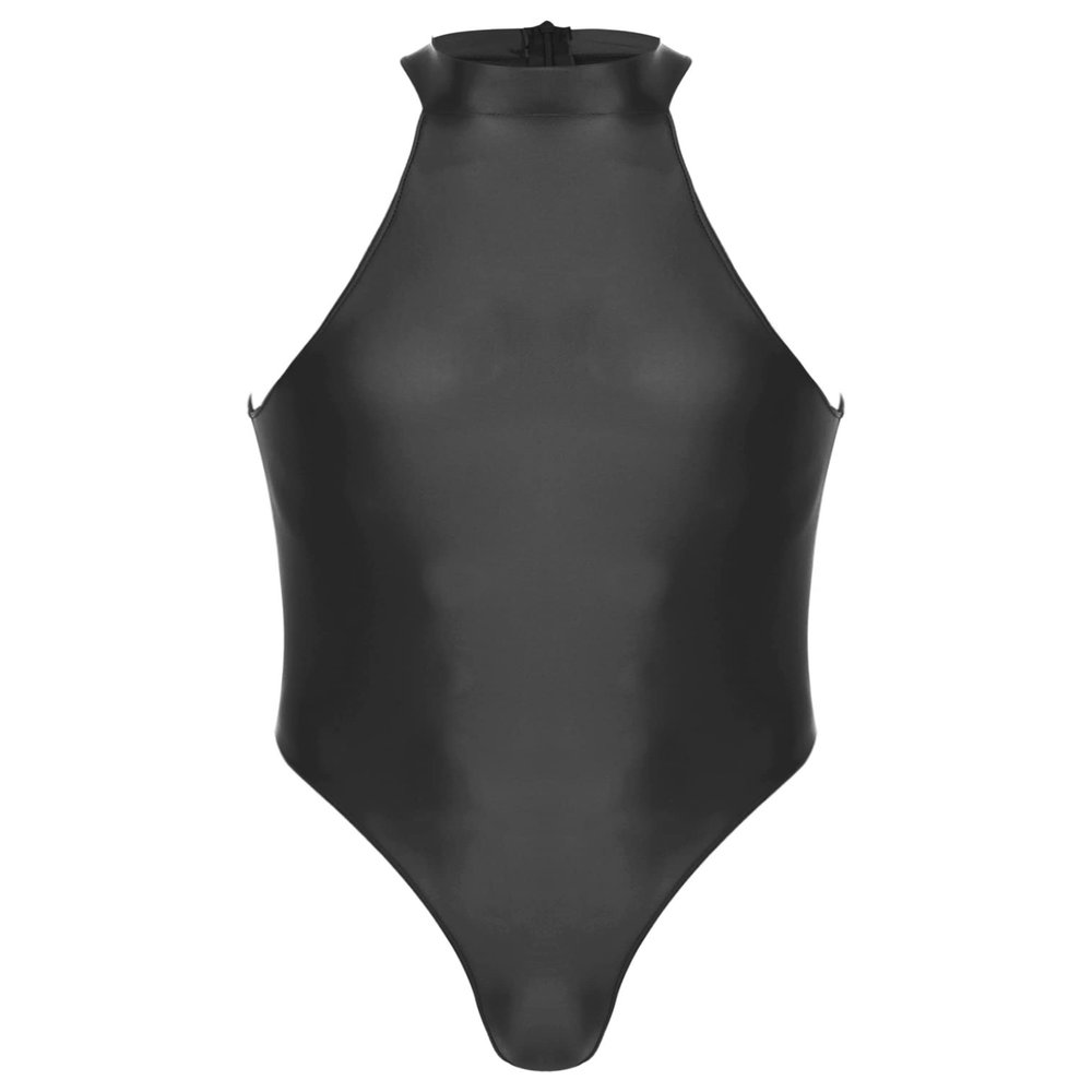 FEESHOW Mens Oil Glossy Bodysuit Workout Biketard Unitard Sleeveless Wrestling Singlet Jumpsuit Black X-Large