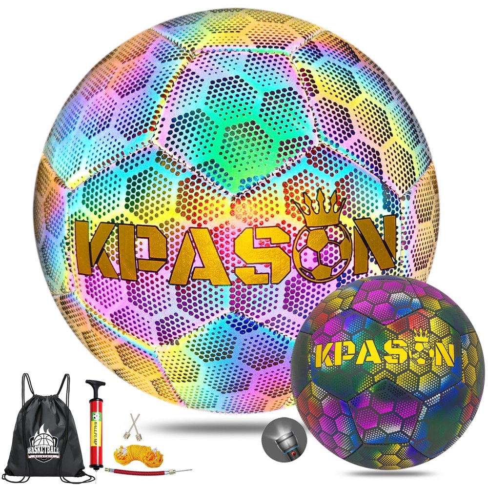 KPASON Soccer Balls, Holographic Glowing Soccer Ball Size 5 - Reflective Hologram Rainbow Soccer with Needles and Pump for Men Night Games